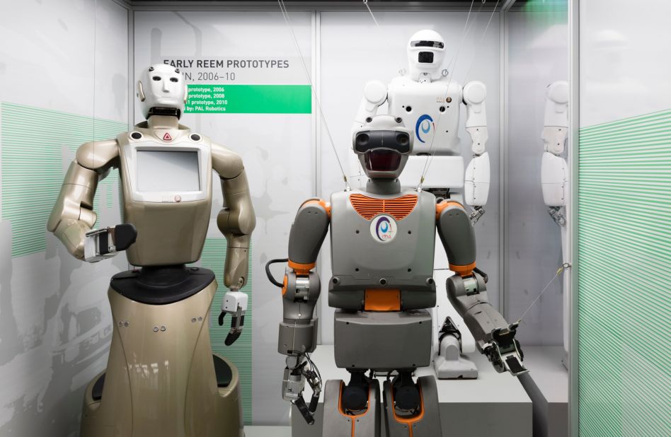 Three prototypes for the REEM humanoid service robots developed by Pal Robotics. 
