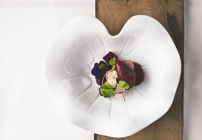 Chef Ro? works with local foragers to collect fresh mushrooms, herbs and berries from the Soca Valley's lush landscape. In this forest-inspired dish, Ros combines fresh mountain berries, spruce and unexpected textures.