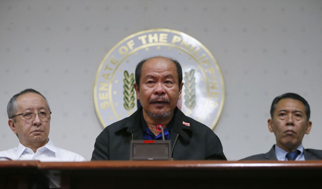 Retired police officer Arturo Lascanas speaks during a news conference at the Philippine Senate in suburban Pasay, south of Manila, on Monday, February 20.