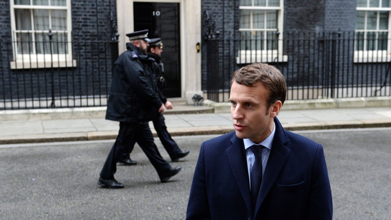 French presidential candidate Emmanuel Macron  outside 10 Downing Street, London, on February 21. 