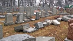 Ron Glazer went to the Chesed Shel Emeth Society on Tuesday to see if his parents' and grandparents' graves had been vandalized. They weren't touched, but he saw this damage in another part of the cemetery.