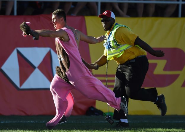 Security was busy that day, as this fan also invaded the pitch before Fiji beat New Zealand. It was the All Blacks' fourth successive defeat in Vegas finals.