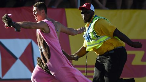 Security was busy that day, as this fan also invaded the pitch before Fiji beat New Zealand. It was the All Blacks' fourth successive defeat in Vegas finals. 