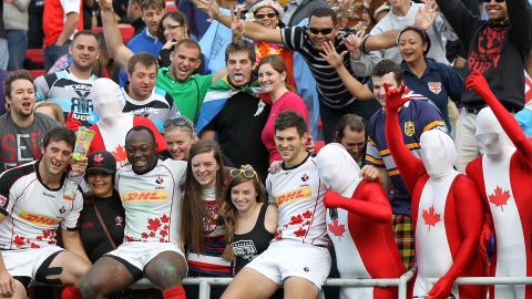 Players get close to the crowds in Vegas. Here members of the Canadian team pose with fans following a 2014 match against Samoa.