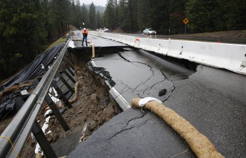 Part of the shoulder and one lane of westbound Highway 50 gave way on February 21, near Pollock Pines after heavy rains in the area. 