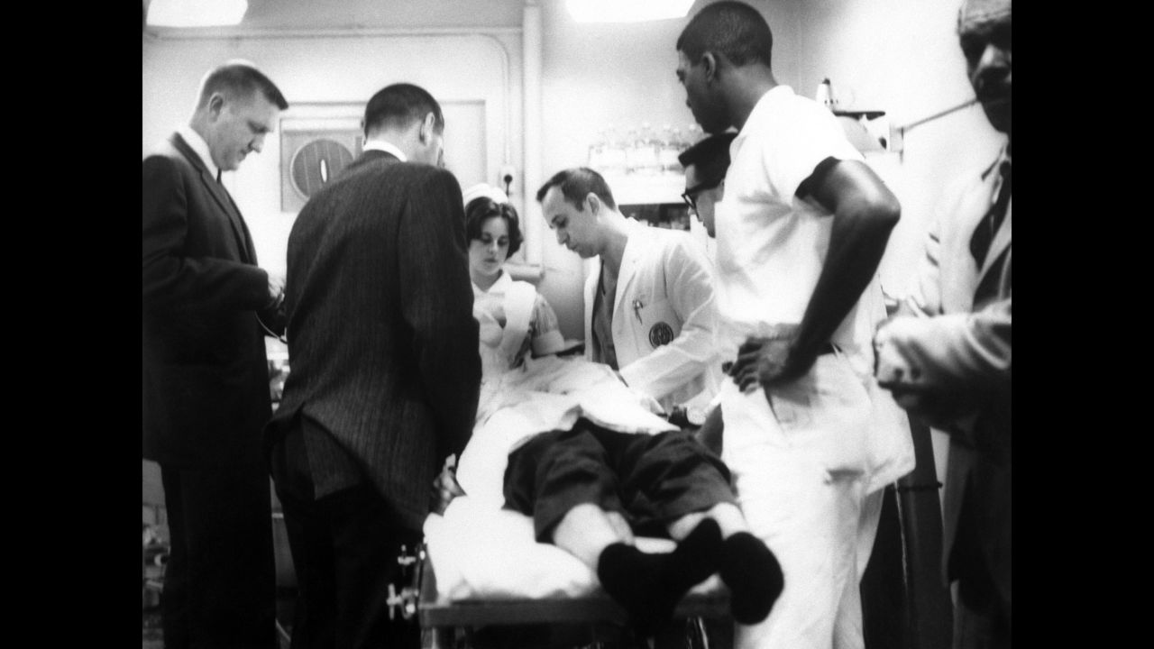 Doctors attend to James Reeb, a white minister from Boston who was attacked by white men for taking part in the demonstrations. He died on March 11, two days after he was beaten.