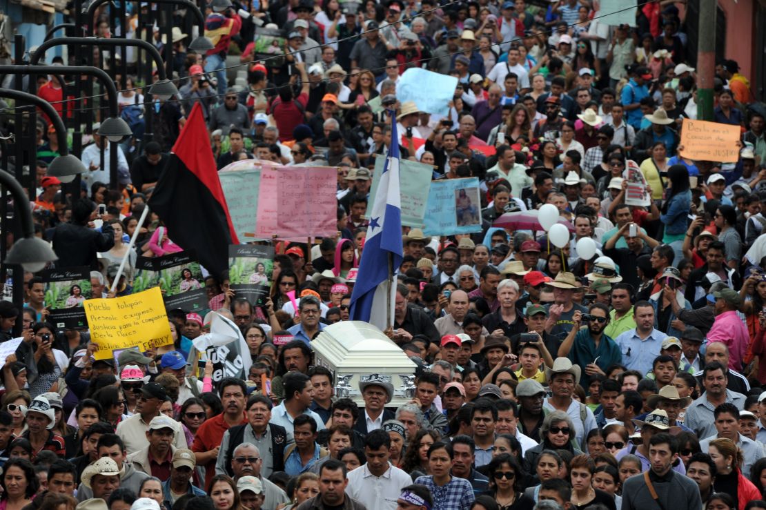 Thousands attend the funeral of  Cáceres in La Esperanza, Honduras, on March 5, 2016. 