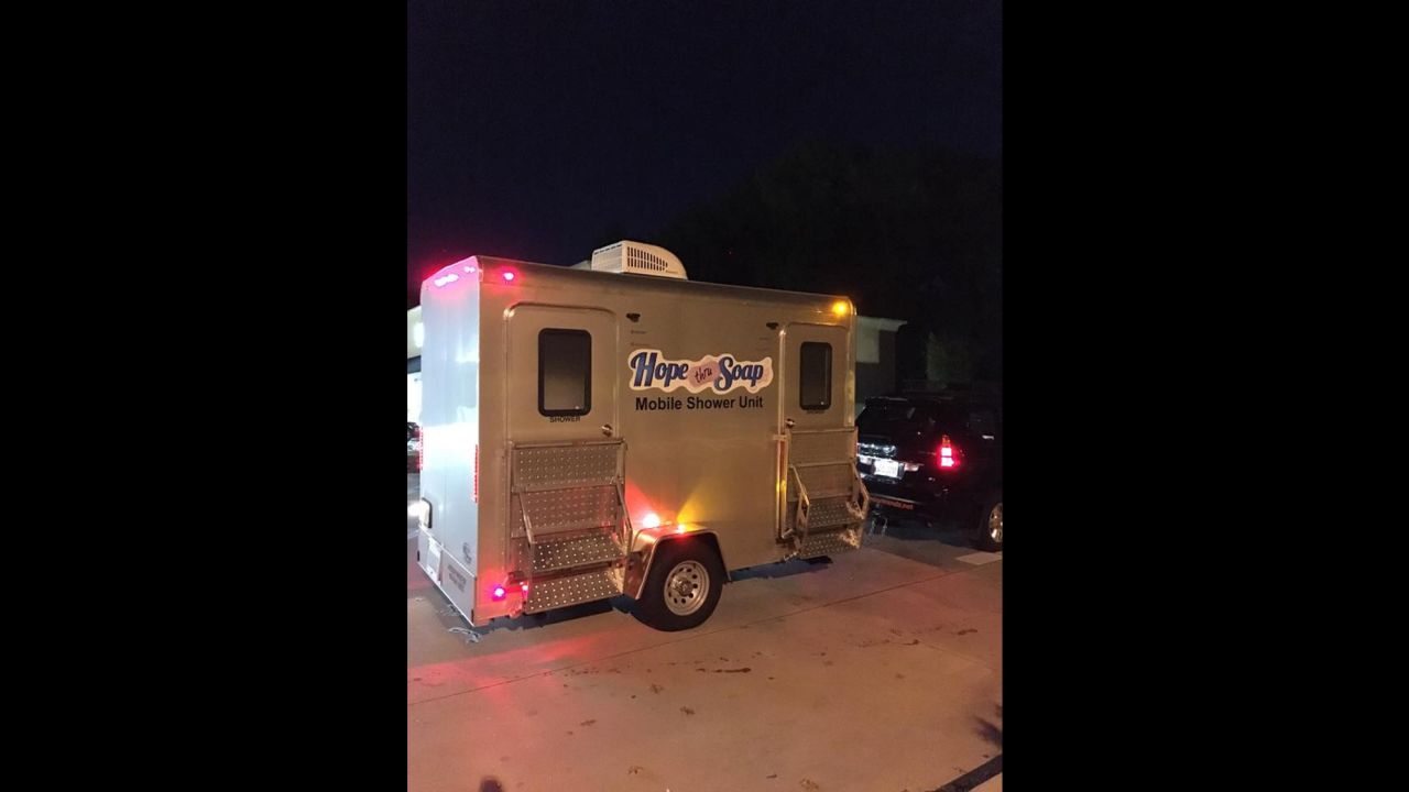 The mobile unit comes with a shower, a toilet, hot water, heat and air conditioning.