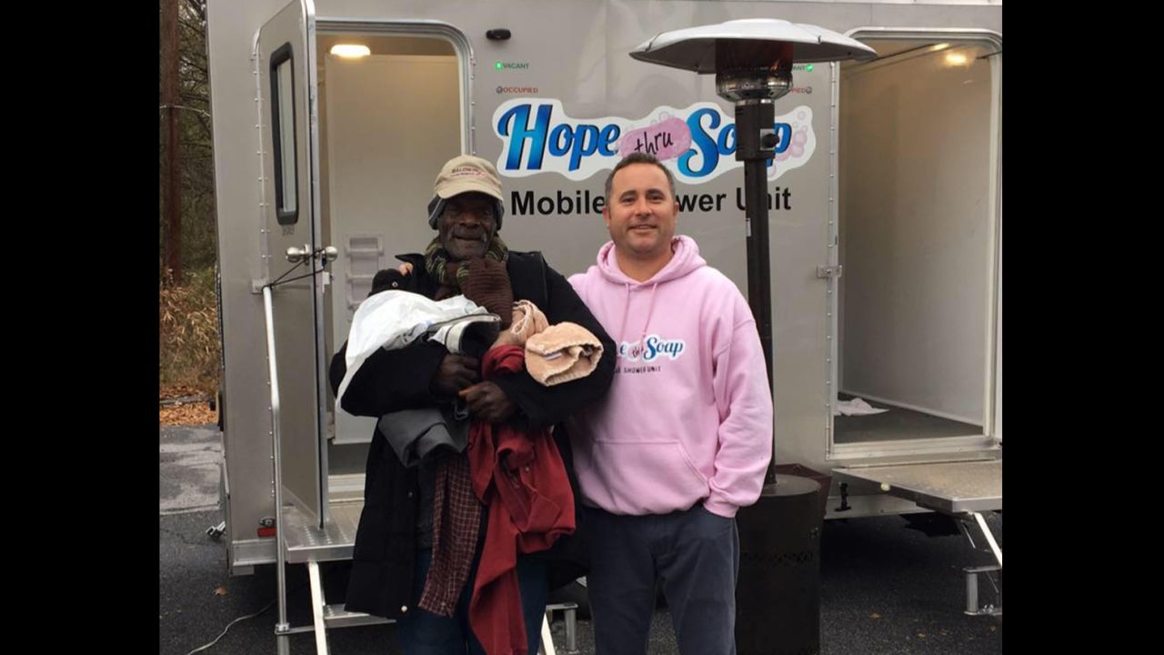 "Every homeless person has a story," says Jason Winter, right, founder of Hope Thru Soap. 