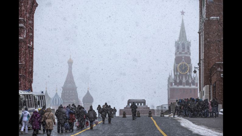 <strong>Moscow:</strong> Moscow's Red Square is pictured during a February snowfall. St Basil's Cathedral appears background left, and the Kremlin's Spasskaya tower is on the right. 