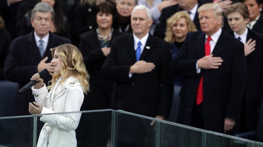 Jackie Evancho performs the National Anthem as Vice President Mike Pence and President Donald Trump watch on the West Front of the U.S. Capitol on January 20, 2017 in Washington, DC. 
