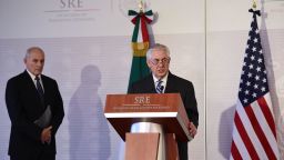 US Secretary of State Rex Tillerson speaks during a joint press conference with Mexican Foreign Minister Luis Videgaray (out of frame), as US Homeland Security chief John Kelly (L) looks on, at the Foreign Ministry building in Mexico City on February 23, 2017.
Mexico vowed not to let the United States impose migration reforms on it as its leaders prepared Thursday to host US officials Tillerson and Kelly who are cracking down on illegal immigrants. / AFP / Ronaldo SCHEMIDT        (Photo credit should read RONALDO SCHEMIDT/AFP/Getty Images)