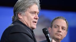 White House advisor Steve Bannon (L) makes remarks as White House Chief of Staff Reince Preibus listens during a discussion at the Conservative Political Action Conference (CPAC) at National Harbor, Maryland, February 23, 2017.