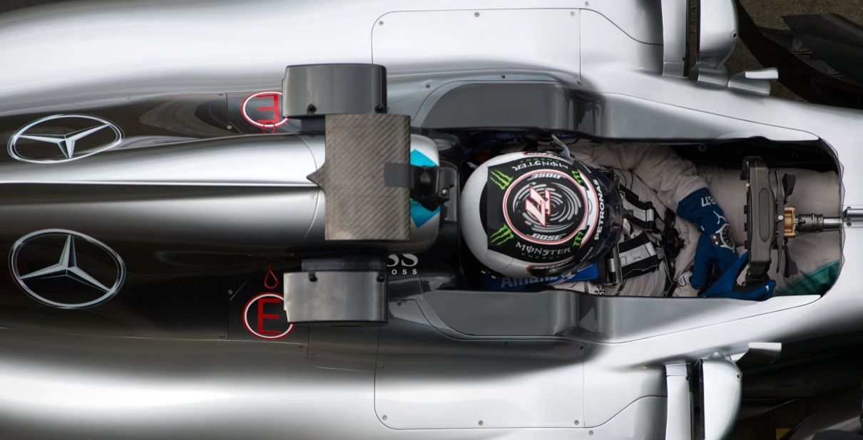 An overhead shot of former Williams driver Bottas in the cockpit of the new car at Silverstone. 