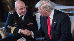 US President Donald Trump shakes hands with US Army Lieutenant General H.R. McMaster (L) as his national security adviser at his Mar-a-Lago resort in Palm Beach, Florida, on February 20, 2017. / AFP / NICHOLAS KAMM        (Photo credit should read NICHOLAS KAMM/AFP/Getty Images)