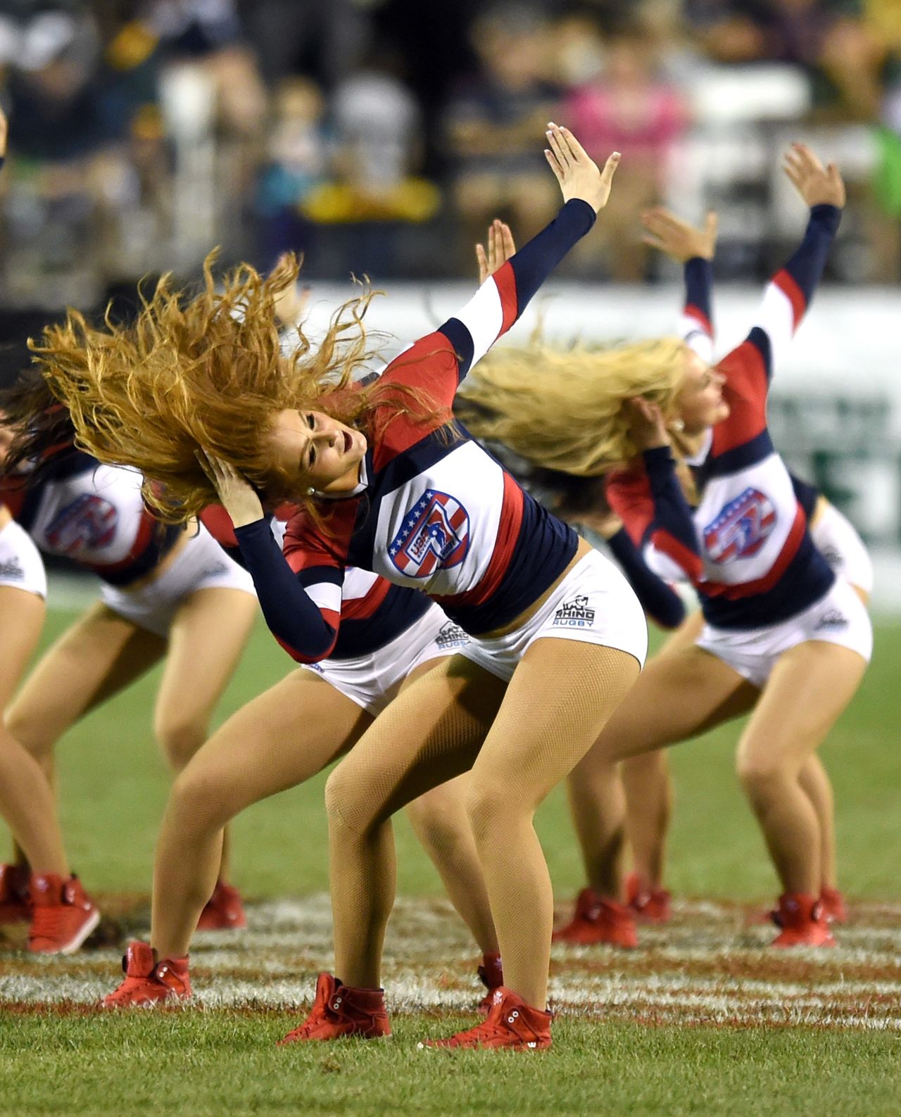 In common with rugby's US sports rivals, cheerleaders play a big part in the entertainment schedule at Vegas -- which over the years has included Cirque Du Soleil and fighter jets. Here members of the USA Sevens Sweethearts perform during the 2015 tournament.