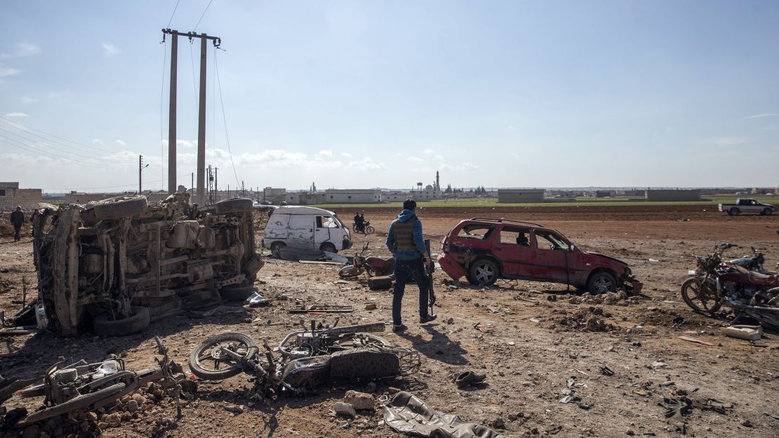 A car bomb leaves damage in Sousian village, north of al-Bab, Syria.