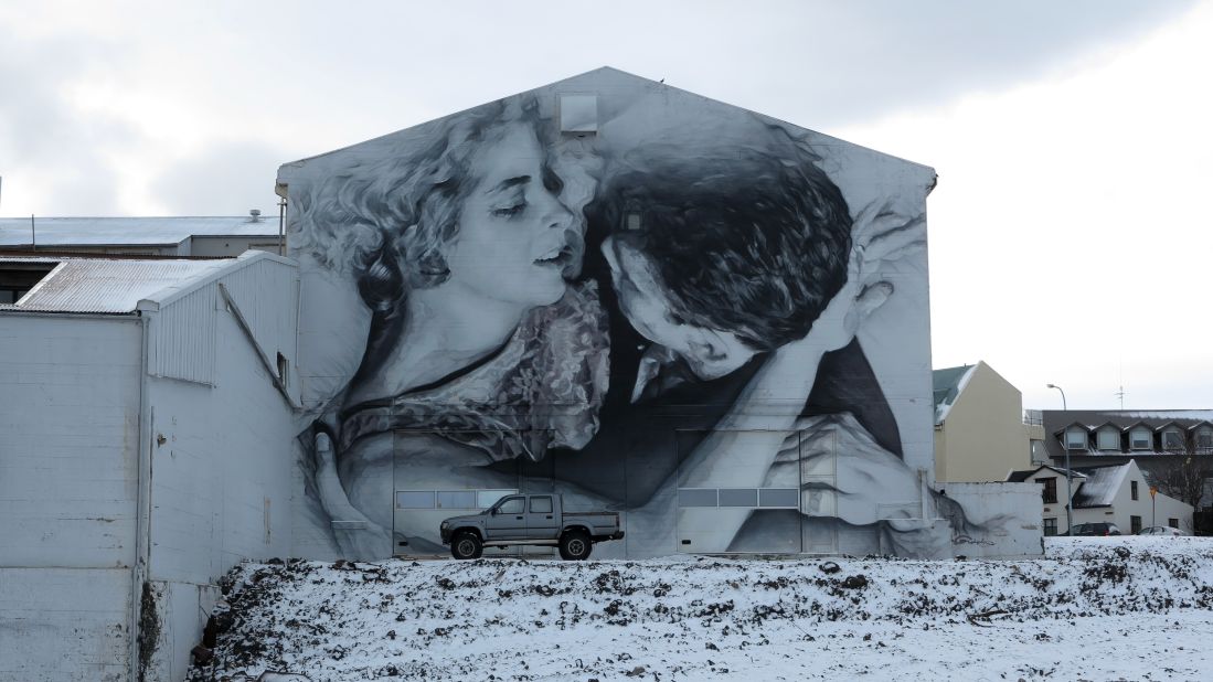 A depiction from a scene in the play "No Exit," by Jean-Paul Satre, on the side of a building in Reykjavik, Iceland.
