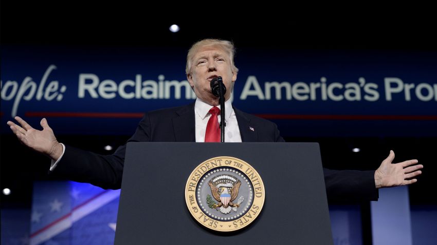 U.S. President Donald Trump delivers remarks to the Conservative Political Action Conference on February 24, 2017 in National Harbor, Maryland. Hosted by the American Conservative Union, CPAC is an annual gathering of right wing politicians, commentators and their supporters.
