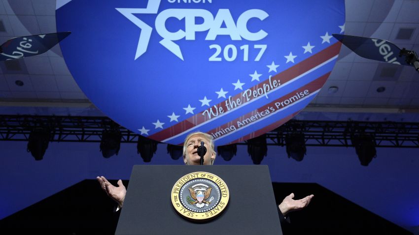 NATIONAL HARBOR, MD - FEBRUARY 24: (AFP OUT) U.S. President Donald Trump delivers remarks to the Conservative Political Action Conference (CPAC) on February 24, 2017 in National Harbor, Maryland. Hosted by the American Conservative Union, CPAC is an annual gathering of right wing politicians, commentators and their supporters. (Photo by Olivier Douliery - Pool/Getty Images)