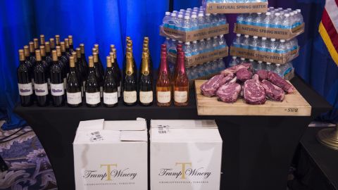 A display including Trump branded wine, champaign, water and steaks is seen before republican presidential candidate Donald Trump is expected to speak at a campaign press conference event at the Trump National Golf Club in Jupiter, Florida on March 08, 2016. 
