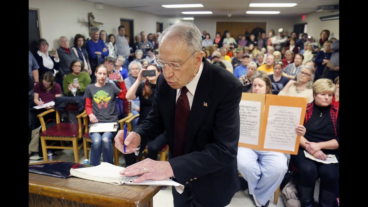US Sen. Chuck Grassley writes down issues brought up by constituents during a town-hall meeting in Garner, Iowa, on Tuesday, February 21. Lawmakers across the country have headed back to their districts during the congressional recess, and <a href="http://www.cnn.com/2017/02/21/politics/chuck-grassley-afghan-man-town-hall/" target="_blank">many are facing tough questions from their constituents.</a>