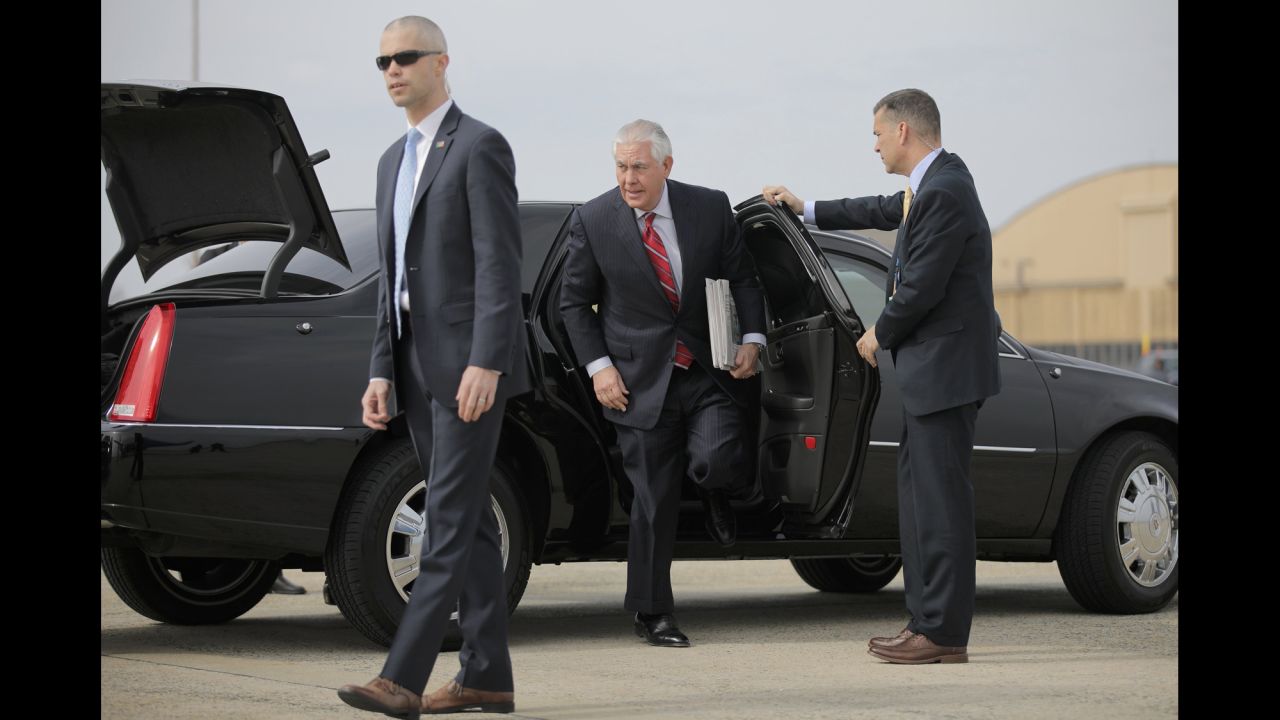 US Secretary of State Rex Tillerson exits a car before leaving for Mexico on Wednesday, February 22. Tillerson and John Kelly, the Homeland Security secretary, went to Mexico <a href="http://www.cnn.com/2017/02/23/politics/tillerson-kelly-mexico-statements/index.html" target="_blank">to try to smooth the two countries' relationship</a> and address some of the differences that have emerged between the United States and its neighbor to the south.
