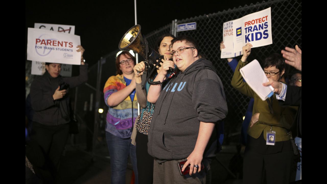 Transgender teen Gavin Grimm, center, joins a protest outside the White House on Monday, February 20. Grimm is barred from using the boys' bathroom at his high school in Virginia. The Supreme Court is scheduled to hear arguments in <a href="http://www.cnn.com/2017/02/23/politics/transgender-teen-supreme-court/" target="_blank">his case</a> on March 28.