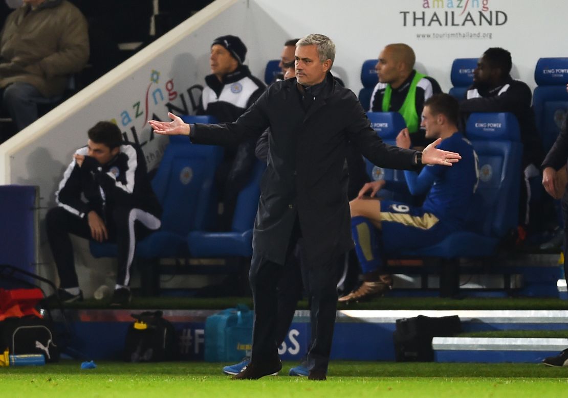 Mourinho, then-manager of Chelsea, reacts during the league match between Leicester City and Chelsea that led to his sacking in 2015.