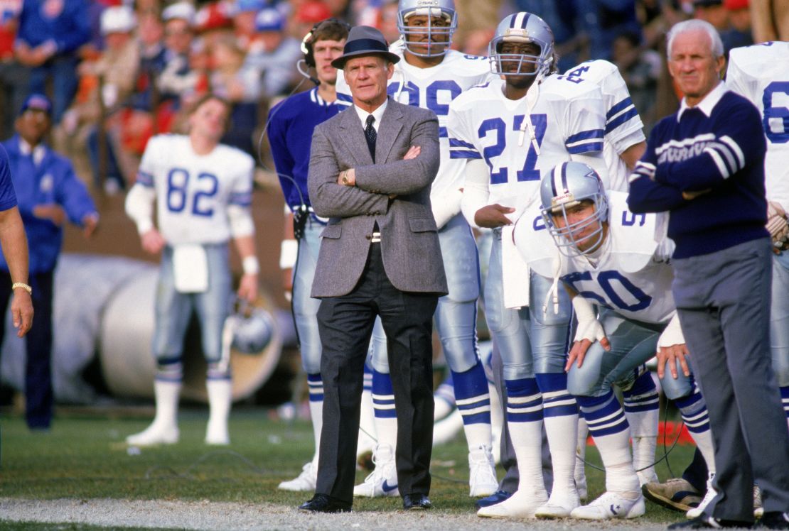 Head coach Tom Landry of the Dallas Cowboys watches from the sideline during a game in the 1988 season.  Tom Landry coached the Cowboys from 1960 to 1988, leading them to two Super Bowl victories.