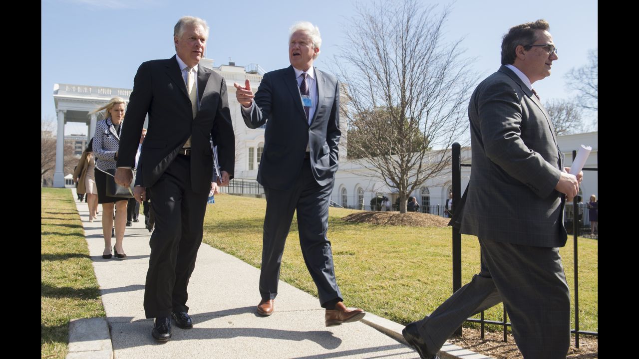 General Electric CEO Jeff Immelt speaks to Caterpillar CEO Doug Oberhelman as they leave a White House meeting on Thursday, February 23. President Trump <a href="http://money.cnn.com/2017/02/23/news/trump-manufacturing-ceos/" target="_blank">met with the heads of two dozen manufacturing companies</a> in what the White House called a "listening session."