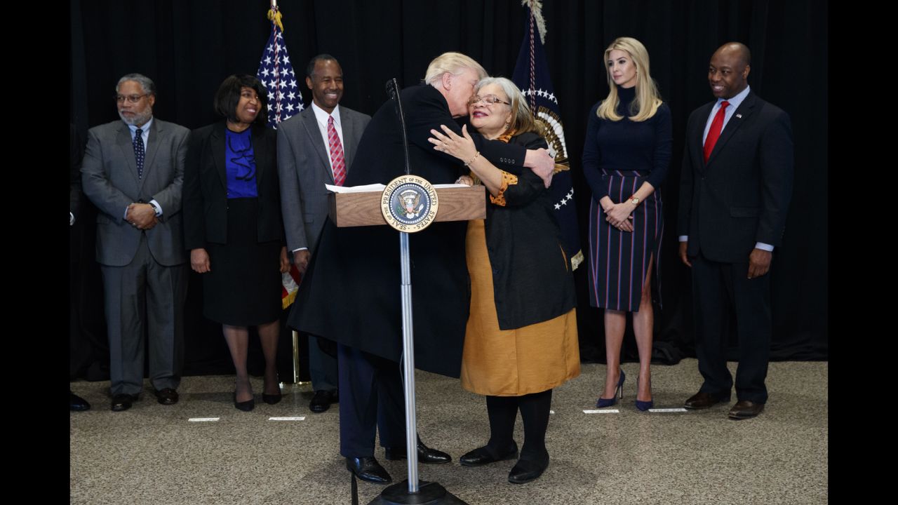 President Trump hugs Alveda King, the niece of civil rights icon Martin Luther King Jr., after touring the National Museum of African American History and Culture on Tuesday, February 21. Trump pledged to combat bigotry and unite what he called a "divided country" after <a href="http://www.cnn.com/2017/02/21/politics/donald-trump-visits-african-american-museum/" target="_blank">visiting the museum,</a> which opened in September.