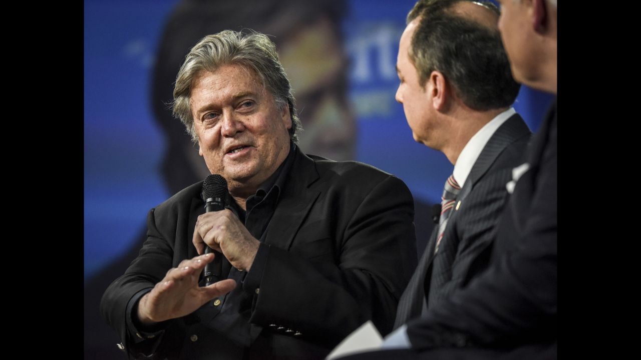 White House chief strategist Steve Bannon, left, talks to White House Chief of Staff Reince Priebus during a panel at the Conservative Political Action Conference on Thursday, February 23. The two men <a href="http://www.cnn.com/2017/02/23/politics/reince-priebus-steve-bannon-cpac-unity/" target="_blank">discussed the administration's agenda and railed against the media</a> as they worked to dispel notions that they are rivals competing for power and influence within the West Wing.