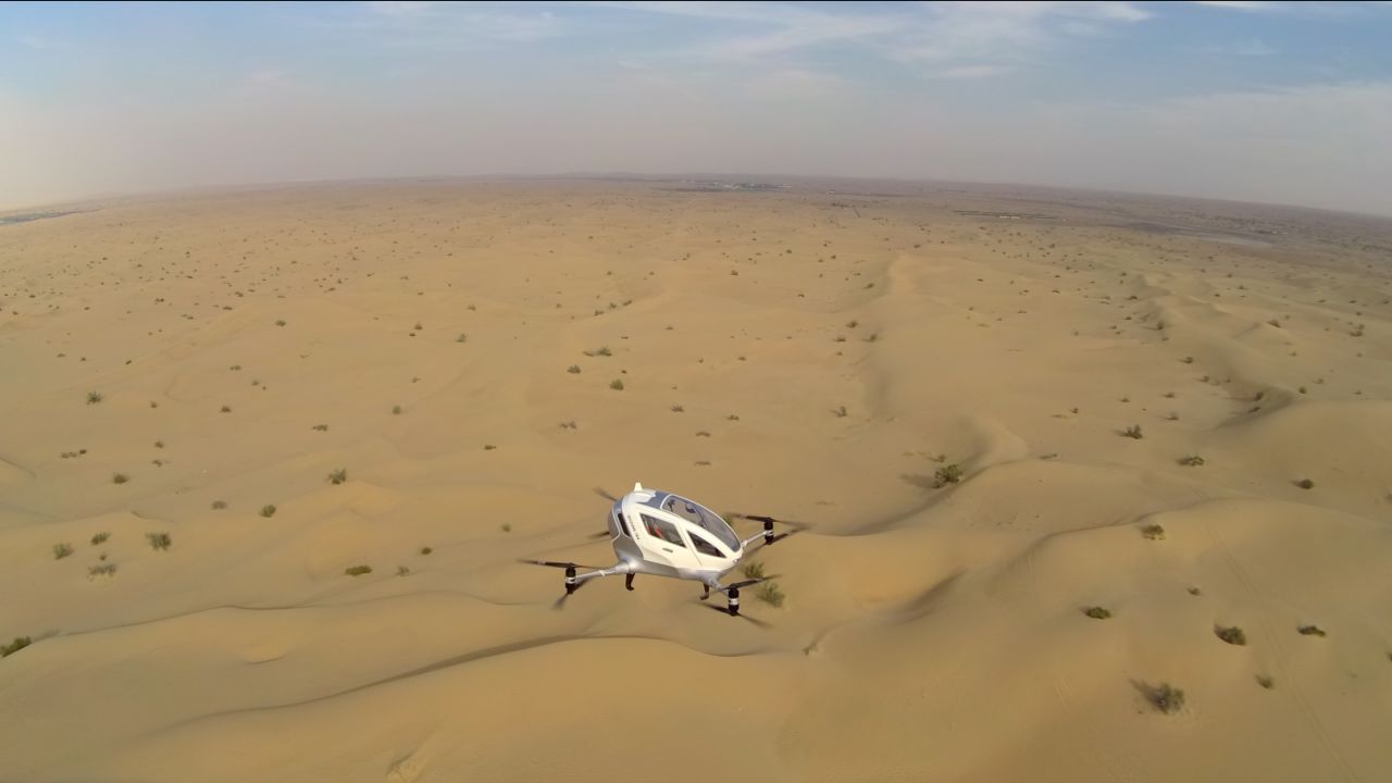 The Ehang 184 shown on a test flight near an airfield outside of Dubai city. The drone has a 30 minute battery time, and air routes are planned from the ground via encrypted 4G.