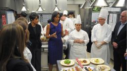 Michelle Obama in the White House kitchen does a preview of the 2009 Governors Dinner menu