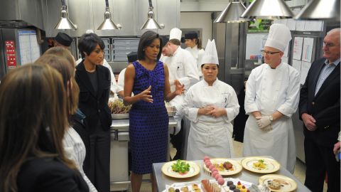 Michelle Obama in the White House kitchen does a preview of the 2009 Governors Dinner menu.