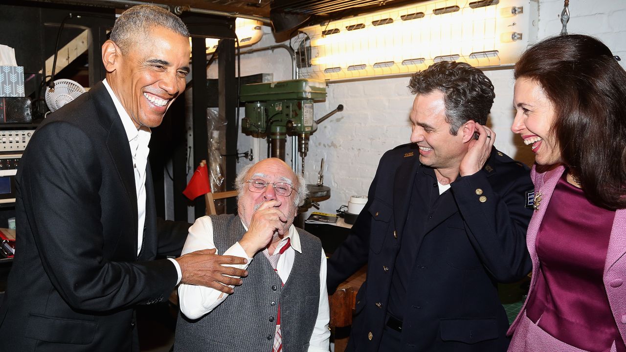 Former President Barack Obama, Danny DeVito, Mark Ruffalo and Jessica Hecht chat backstage at The Roundabout Theatre Company's production of Arthur Miller's "The Price" on Broadway on Friday, February 24, in New York.  
