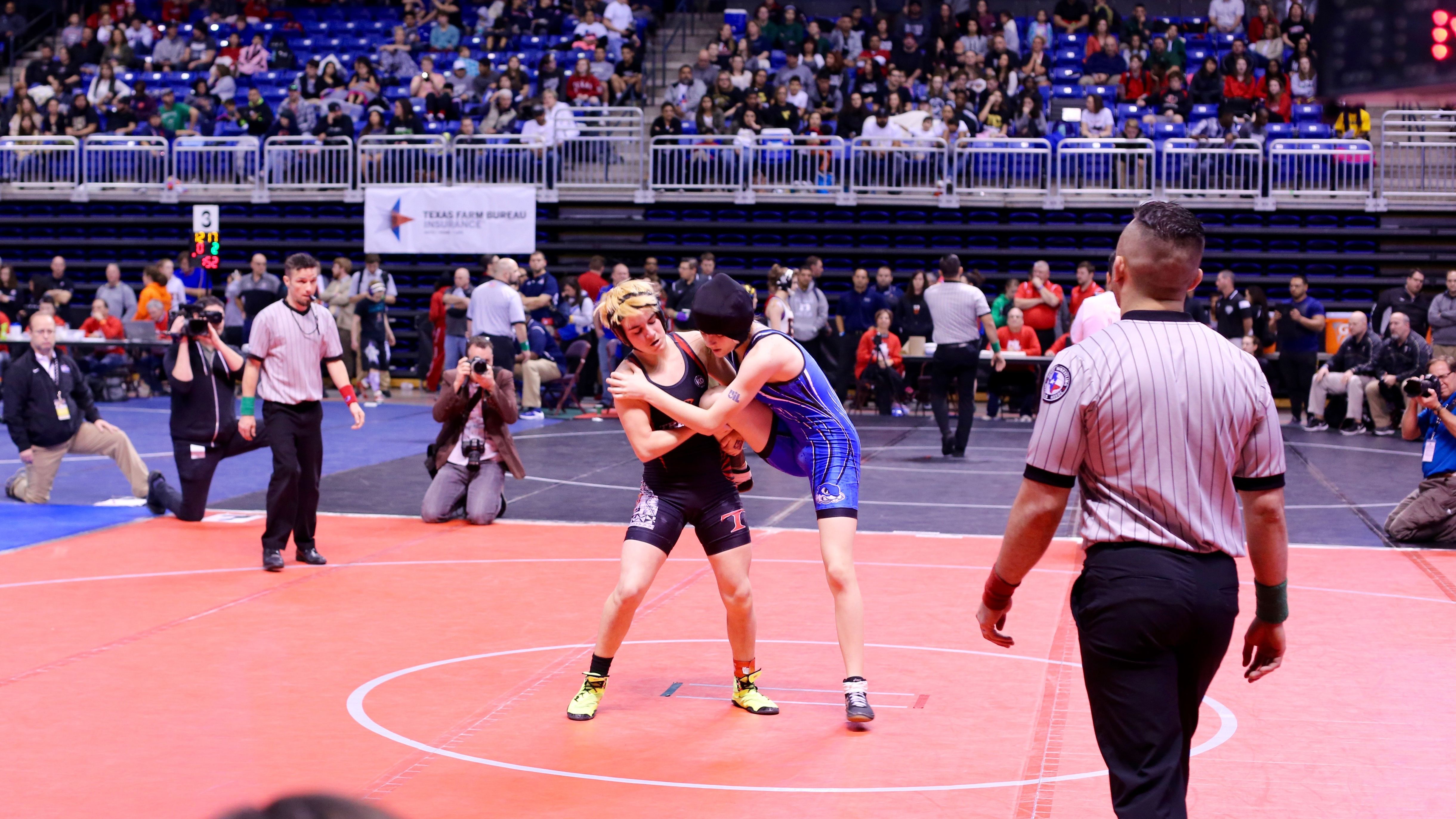 Mack Breggs wrestlers a competitor at the UIL wrestling state championship on February 25, 2016.