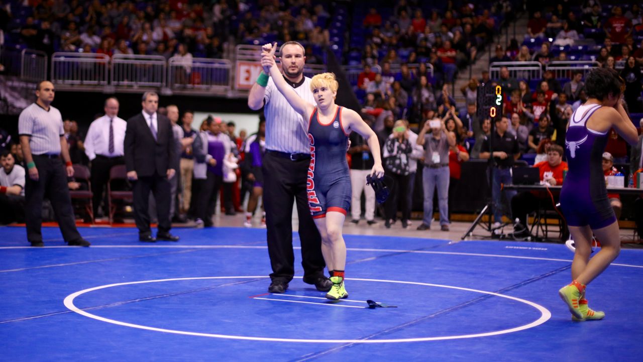Mack Beggs is declared the winner at the UIL wrestling state championship on February 25, 2016.