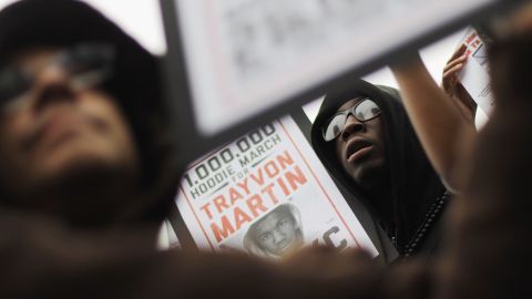 Supporters of Trayvon Martin rally in Union Square during a "Million Hoodie March" in Manhattan on March 21, 2012 in New York City.