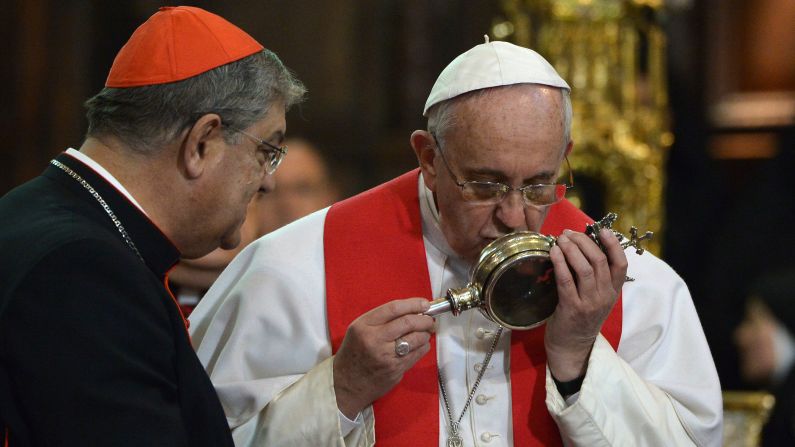The vessel held here by Pope Francis  is said to contain the dried blood of Saint Januarius. The vial is kept in Italy's Naples Cathedral. It's brought out three times a year for prayer ceremonies, during which it is said to liquefy. However, the blood doesn't always assume its liquid state -- as was the case on December 16, 2016. According to legend, that could foreshadow disaster in the coming year. To learn more about the evidence behind Christian relics, artifacts and the historical Jesus, watch CNN's original series <a href="index.php?page=&url=http%3A%2F%2Fwww.cnn.com%2Fshows%2Ffinding-jesus">"Finding Jesus,"</a> Sunday nights at 9 ET/PT.