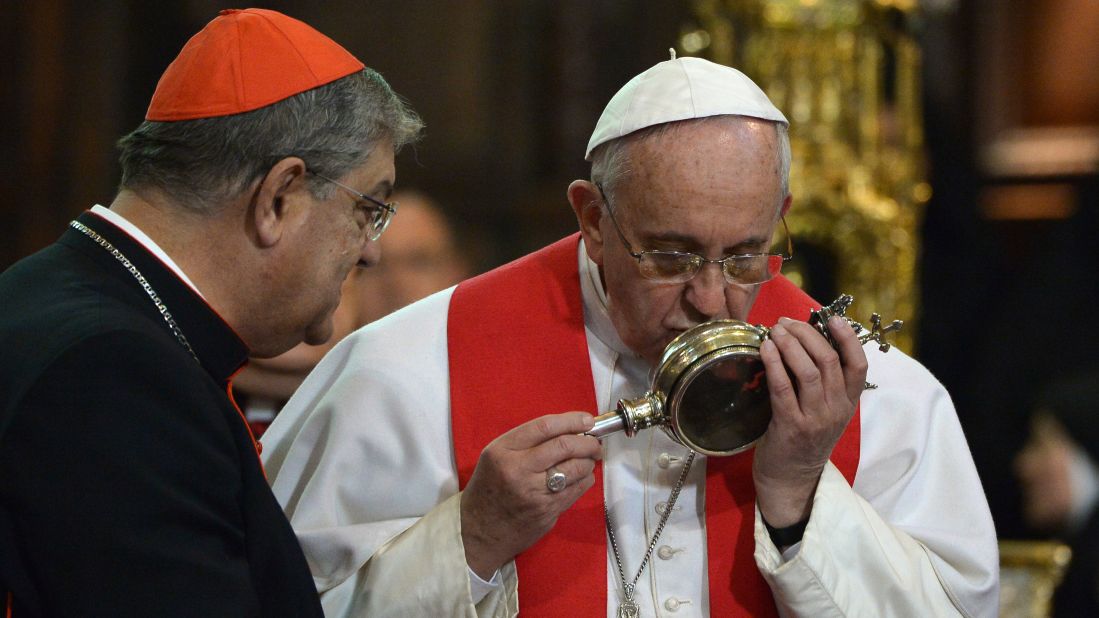 The vessel held here by Pope Francis  is said to contain the dried blood of Saint Januarius. The vial is kept in Italy's Naples Cathedral. It's brought out three times a year for prayer ceremonies, during which it is said to liquefy. However, the blood doesn't always assume its liquid state -- as was the case on December 16, 2016. According to legend, that could foreshadow disaster in the coming year. To learn more about the evidence behind Christian relics, artifacts and the historical Jesus, watch CNN's original series <a href="http://www.cnn.com/shows/finding-jesus">"Finding Jesus,"</a> Sunday nights at 9 ET/PT.