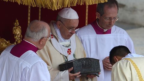 Pope Francis holds a box -- found in a tomb beneath Saint Peter's Basilica in Vatican City -- which the Catholic Church claims contains the bones of Saint Peter. The relics were first discovered in the 1940s, but Pope Francis put them on display to the public for the first time in 2013.