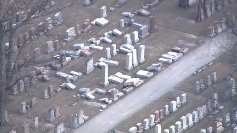 Another view of toppled headstones in Mt. Carmel cemetery.