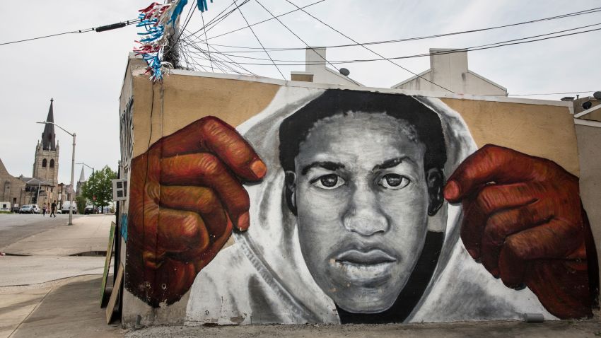 BALTIMORE, MD - APRIL 30:  A mural of Trayvon Martin is seen on the side of a building in the Sandtown neighborhood where Freddie Gray was arrested on April 30, 2015 in Baltimore, Maryland. Gray, 25, was arrested for possessing a switch blade knife April 12 outside the Gilmor Houses housing project on Baltimore's west side. According to his attorney, Gray died a week later in the hospital from a severe spinal cord injury he received while in police custody.  (Photo by Andrew Burton/Getty Images)