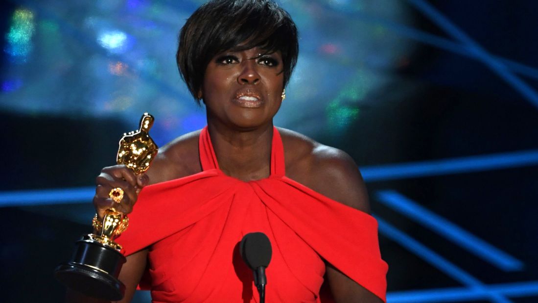 Viola Davis accepts the best supporting actress Oscar. Davis won for her role in "Fences," a Denzel Washington movie based on August Wilson's play.