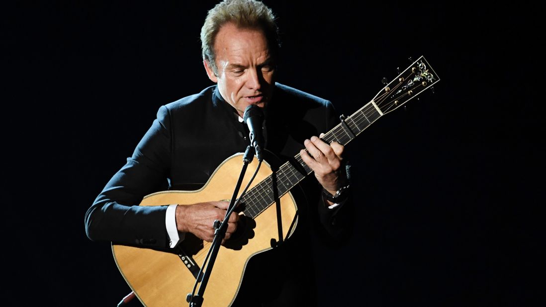 Sting plays the guitar during a performance of "The Empty Chair," a song from "Jim: The James Foley Story."