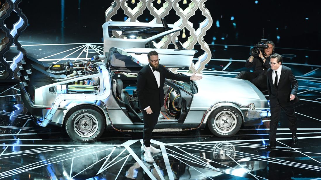 Seth Rogen, left, and Michael J. Fox were on stage together to present an award. Before that, Rogen paid homage to Fox and the '80s film "Back to the Future," which Rogen said inspired him.