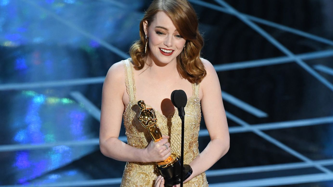 <strong>Emma Stone (2017):</strong> Emma Stone accepts the award for her role in the musical "La La Land," which was nominated for 14 Oscars and won six of them.