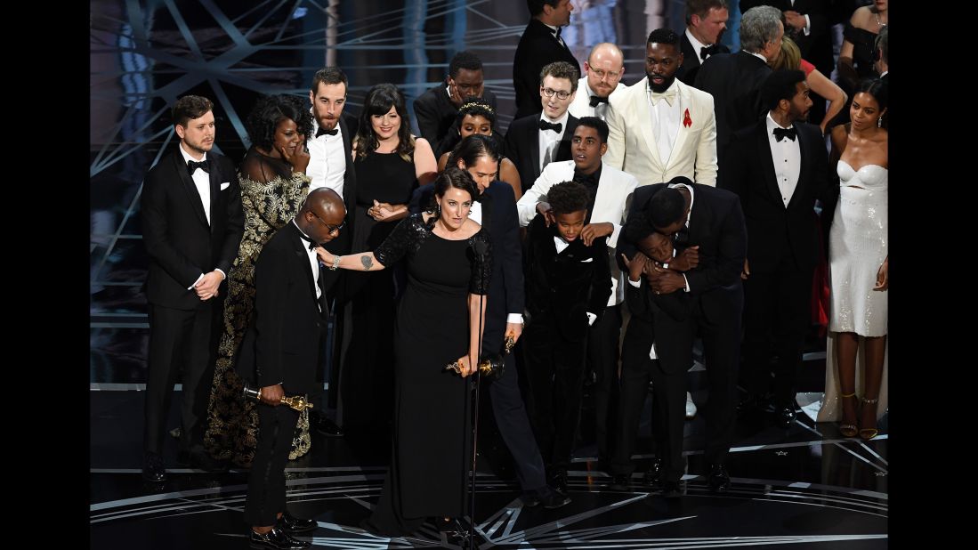 The cast and crew of "Moonlight" accept the best picture Oscar during <a href="http://www.cnn.com/2017/02/26/entertainment/oscars-2017/index.html" target="_blank">the Academy Awards</a> on Sunday, February 26. The winner was initially announced as "La La Land" by presenter Faye Dunaway, but moments later it was revealed that there was a mistake and "Moonlight" had actually won.